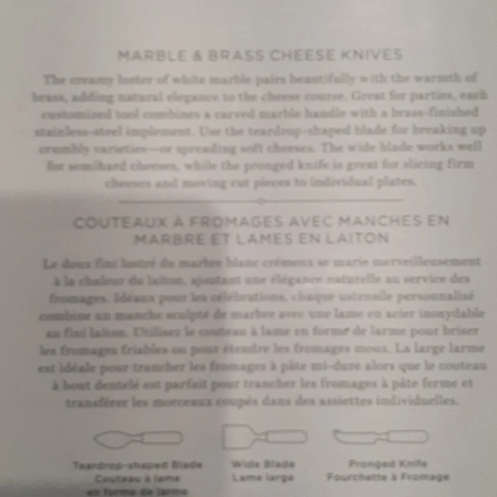 Williams Sonoma marble and brass cheese knives